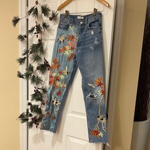 Zara Distressed Blue Jeans with Vibrant Leaf Embroidery